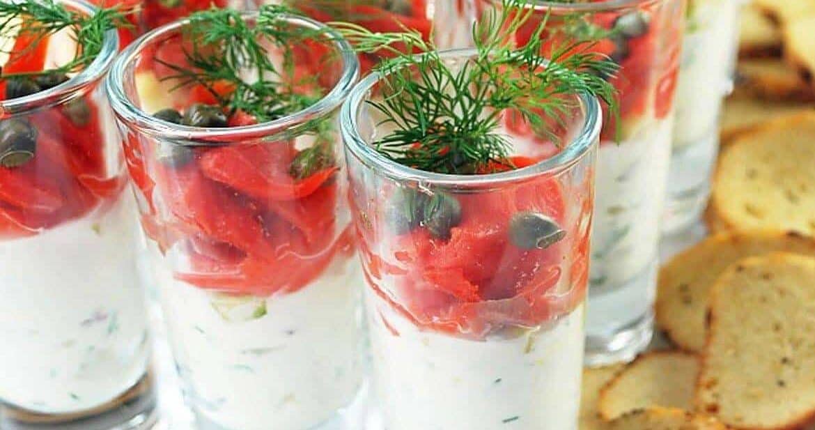 Seafood Appetizers: Salmon shooters in glasses topped with dill