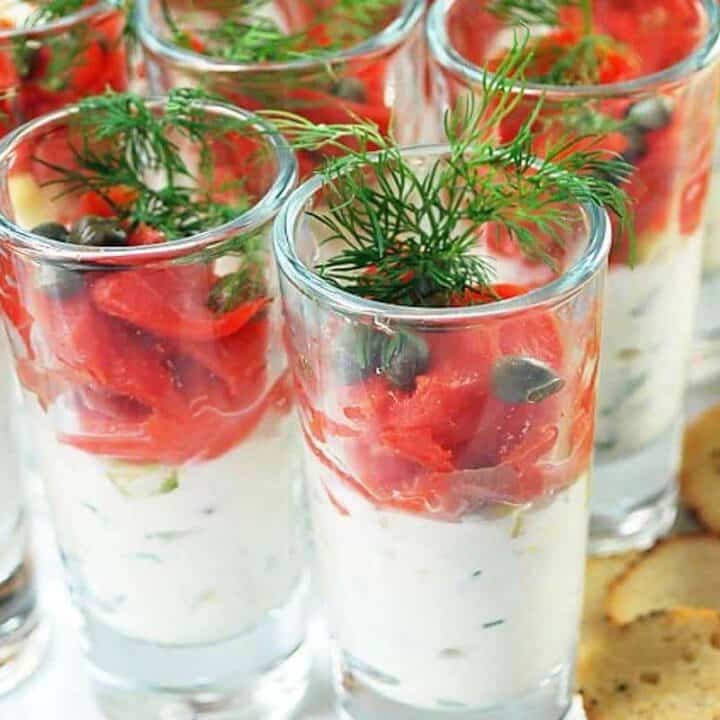 Seafood Appetizers: Salmon shooters in glasses topped with dill