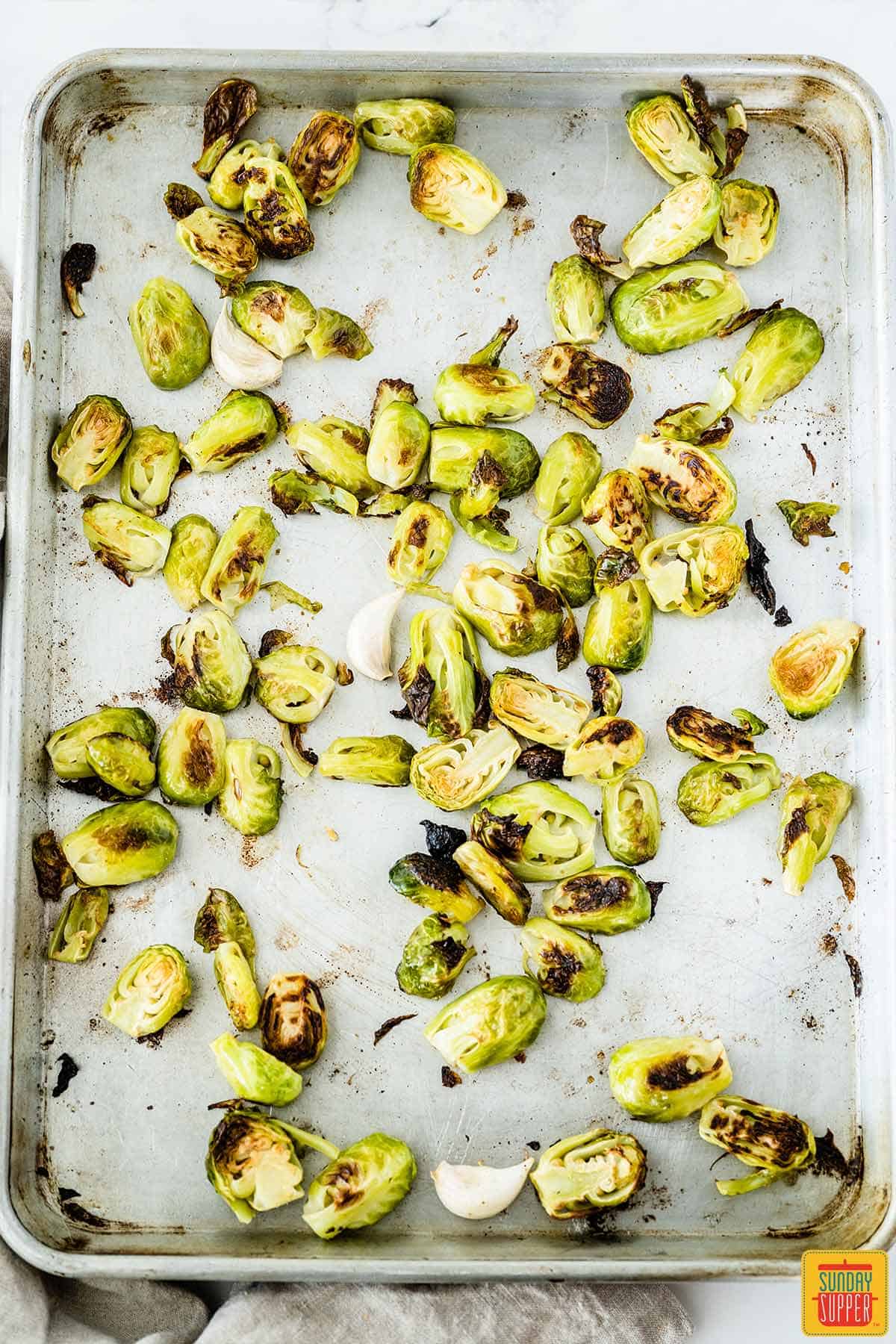 Roasted brussels sprouts on a sheetpan