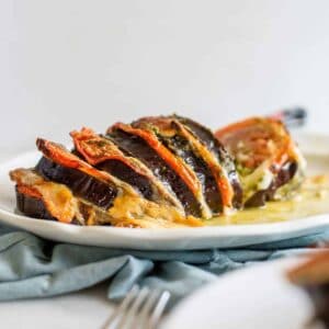 Caprese roasted eggplant recipe on a white platter