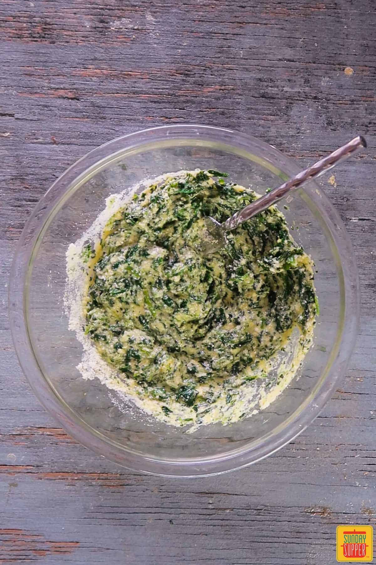 Spinach and egg mixture for Italian wedding soup
