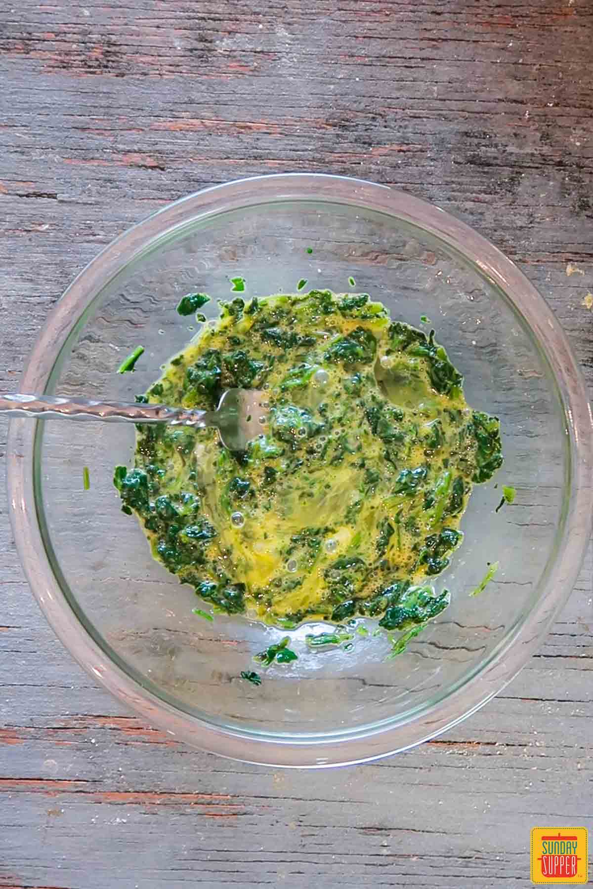 spinach mixed with egg for Italian wedding soup