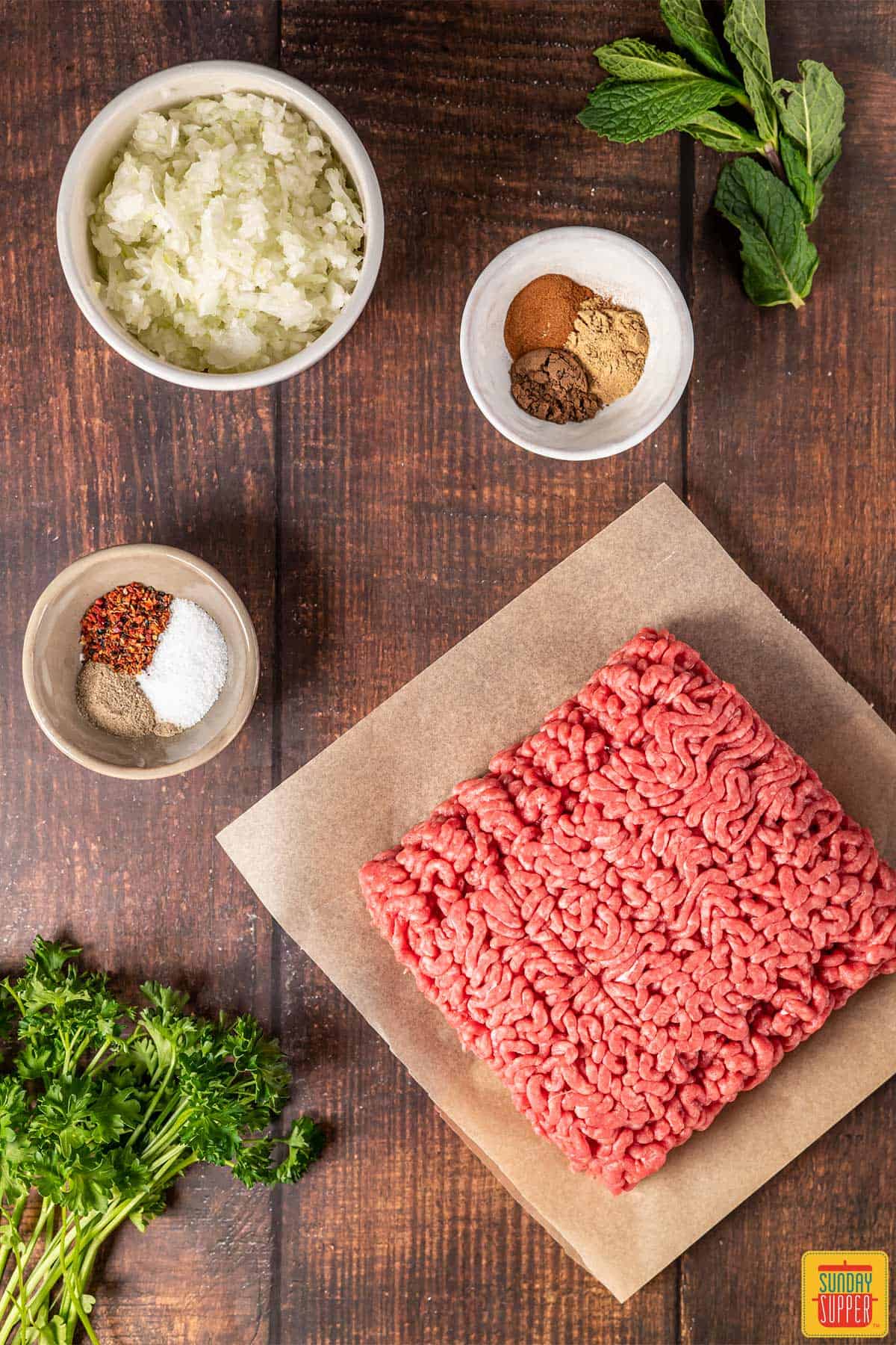 Ingredients to make beef kofta kebabs