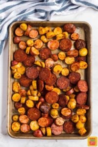 Portuguese potatoes and chorizo on a sheet pan
