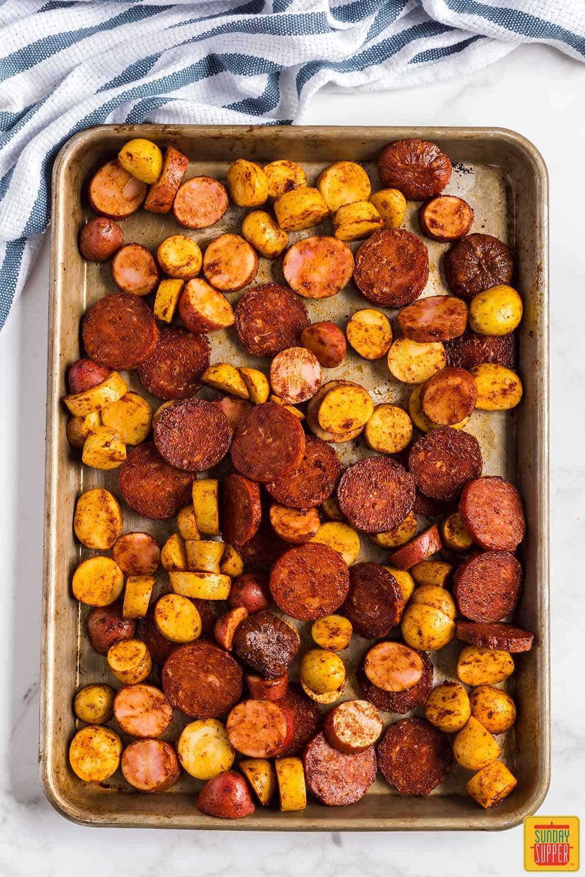 Portuguese potatoes and chorizo on a sheet pan