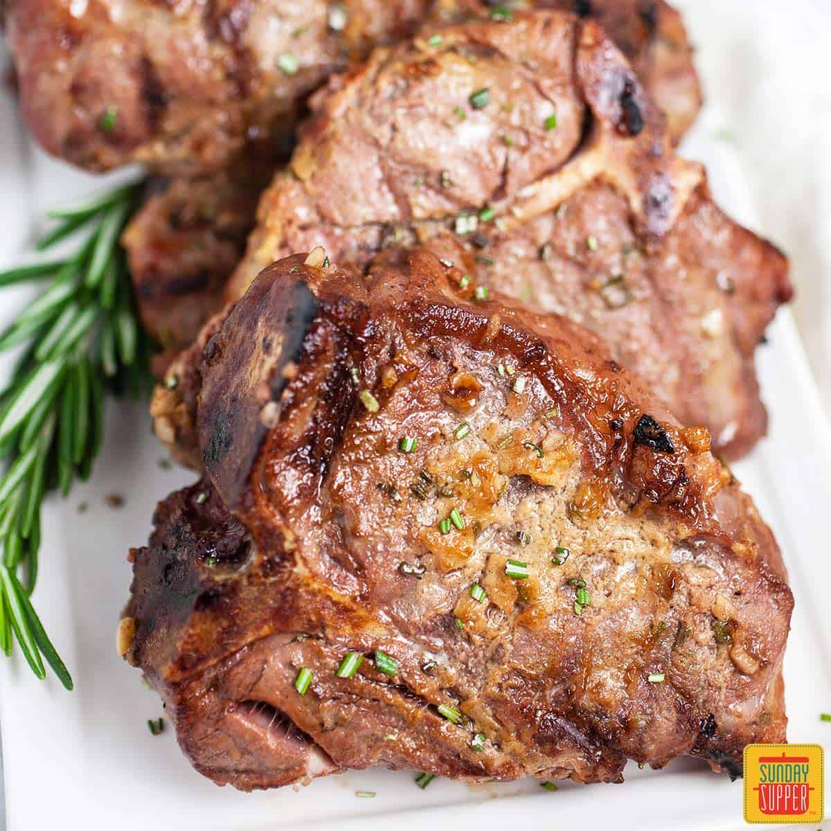 Grilled lamb chops on a white plate with a sprig of fresh rosemary