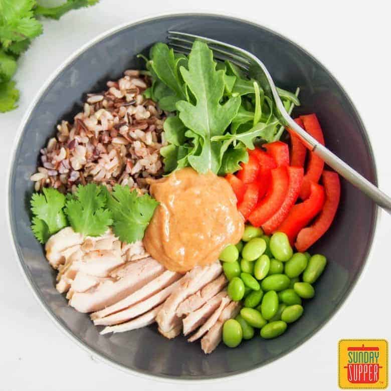 Thai Style Chicken Buddha Bowl with Coconut Peanut Sauce is easy to throw together with leftover chicken, and it makes a fabulous healthy meal. #SundaySupper Thai Style Chicken Buddha Bowl #SundaySupper