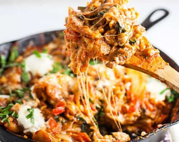 Cowboy Cooking and Cast Iron Care: image of a cheesy lasagna made in a cast iron skillet