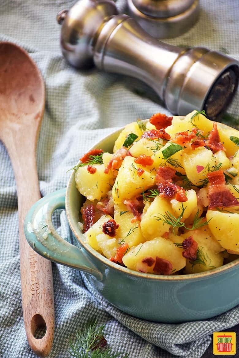 German Potato Salad in blue dish