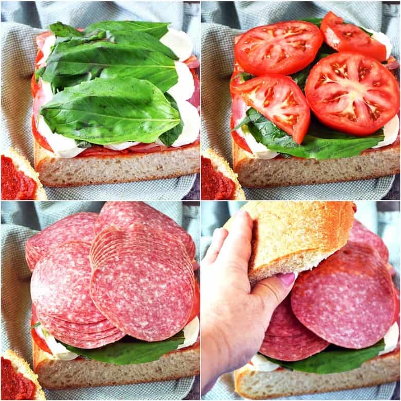 Top left: adding basil leaves; top right: adding tomato slices; bottom left: adding salami; bottom right: adding top of bread