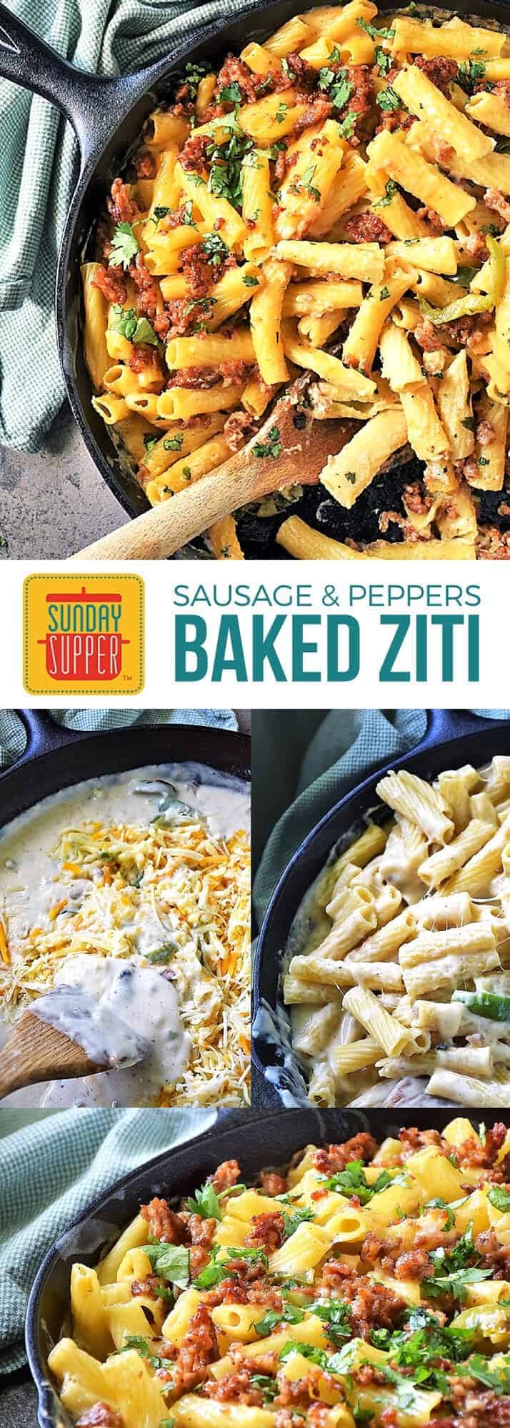 Baked Ziti with Sausage and Peppers feeds your family easily & deliciously. The whole family will love this Sunday Supper skillet recipe loaded with sausage and peppers and lots of ooey gooey cheese! This recipe is perfect for those busy back to school nights and makes a fun hot lunch idea to send to school with the kiddos. Serve it up on game day too. It is Easy Football Food to feed the hungry crowd!