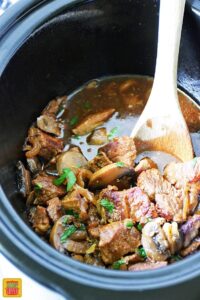 Slow cooker beef tips and gravy, ready to serve and enjoy!