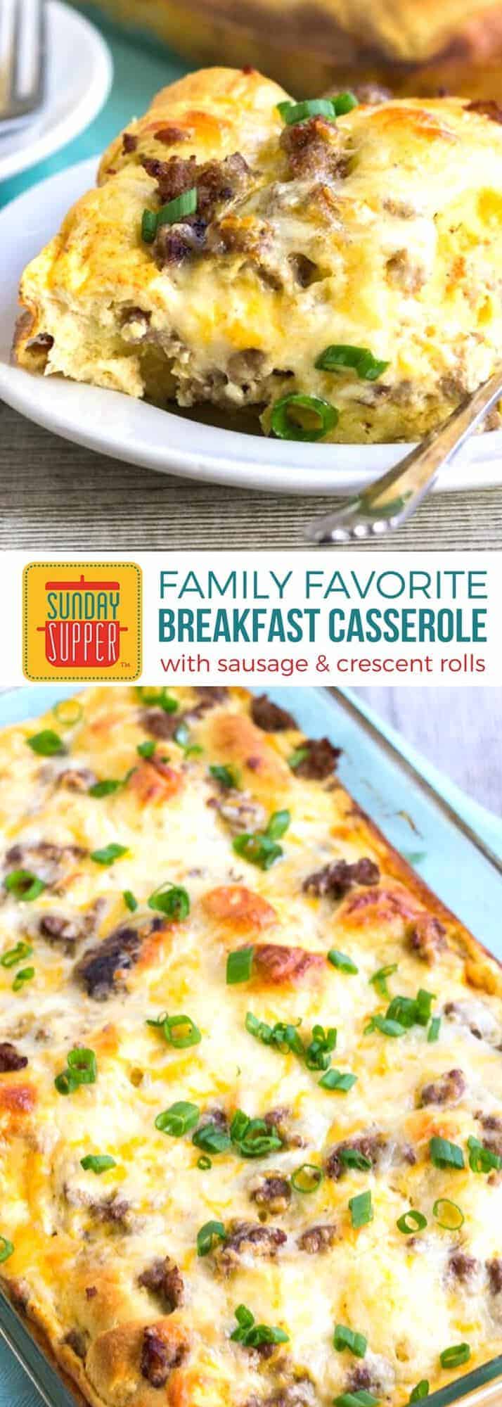 Sausage Breakfast Casserole with Crescent Rolls is an easy breakfast that's great for feeding a crowd! Loaded with lots of flavor from the sausage, cheese, and buttery crescent rolls, this easy recipe is filling, hearty, and so delicious! It tops the list of our favorite Holiday Casserole Recipes. #SundaySupper #EasyRecipe #HolidayRecipe #BreakfastCasserole