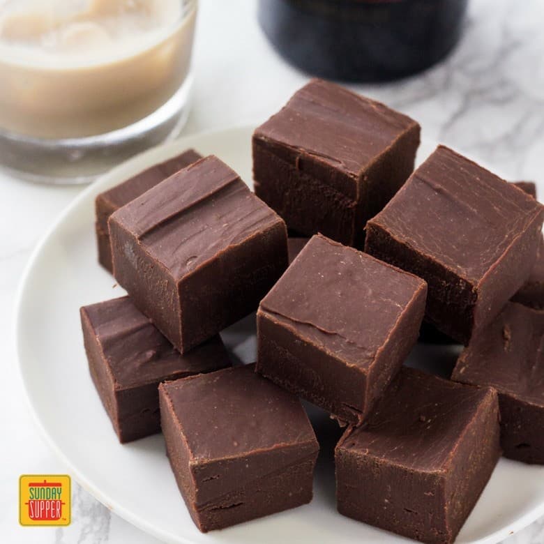 Baileys Fudge stacked on a white plate