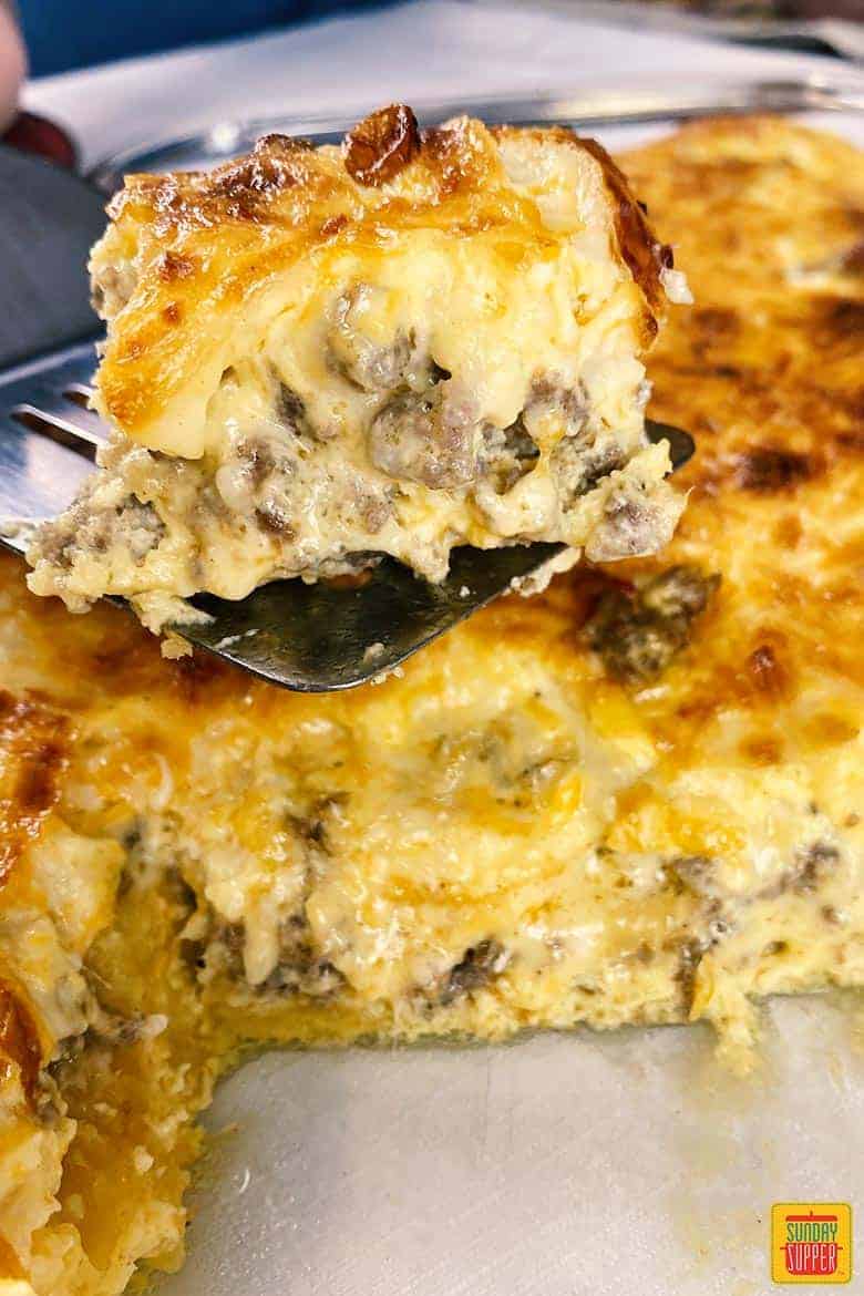 Slice of completed sausage breakfast casserole 