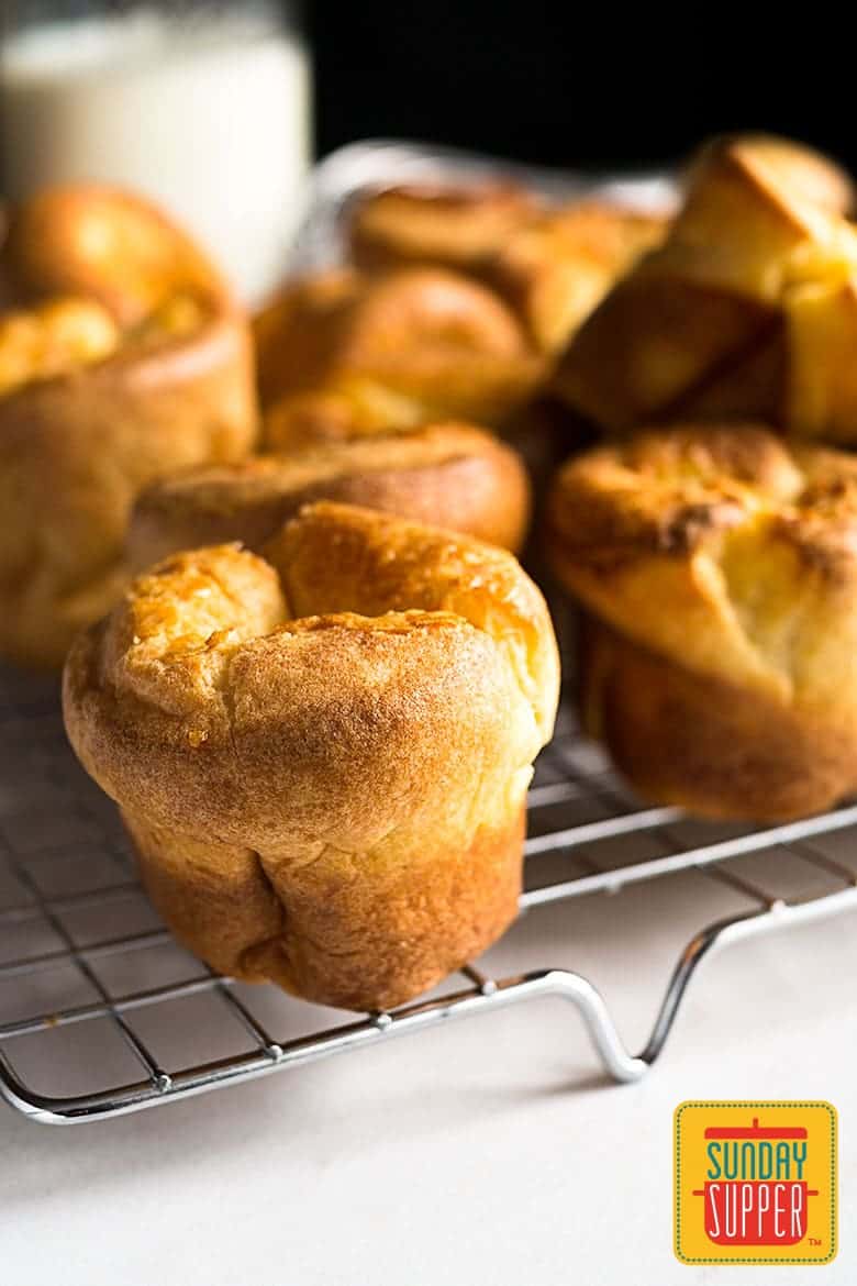 Close up of yorkshire pudding recipe on a baking rack