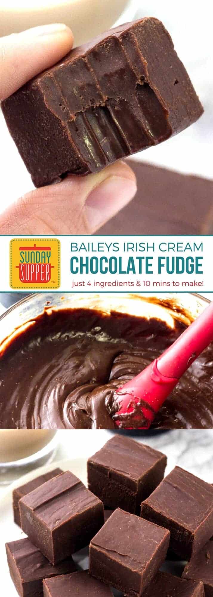 The PERFECT bite sized dessert! Baileys Fudge is smooth & creamy with a delicious hint of Irish Cream. With just 4 ingredients, this grown up chocolate fudge is super EASY to make! You will want to make this easy recipe for all your parties and game day gatherings. Perfect for gift giving too! Just package it up in a pretty box with a bow and you'll have a nice gift from the kitchen everyone will love! #SundaySupper #ChocolateFudge #BaileysIrishCream #HolidayGift #HolidayRecipes