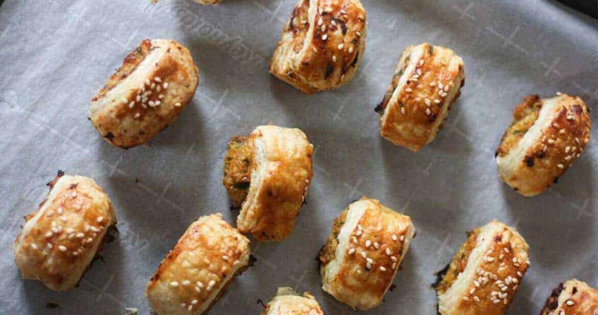 Thai chicken sausage rolls on parchment paper