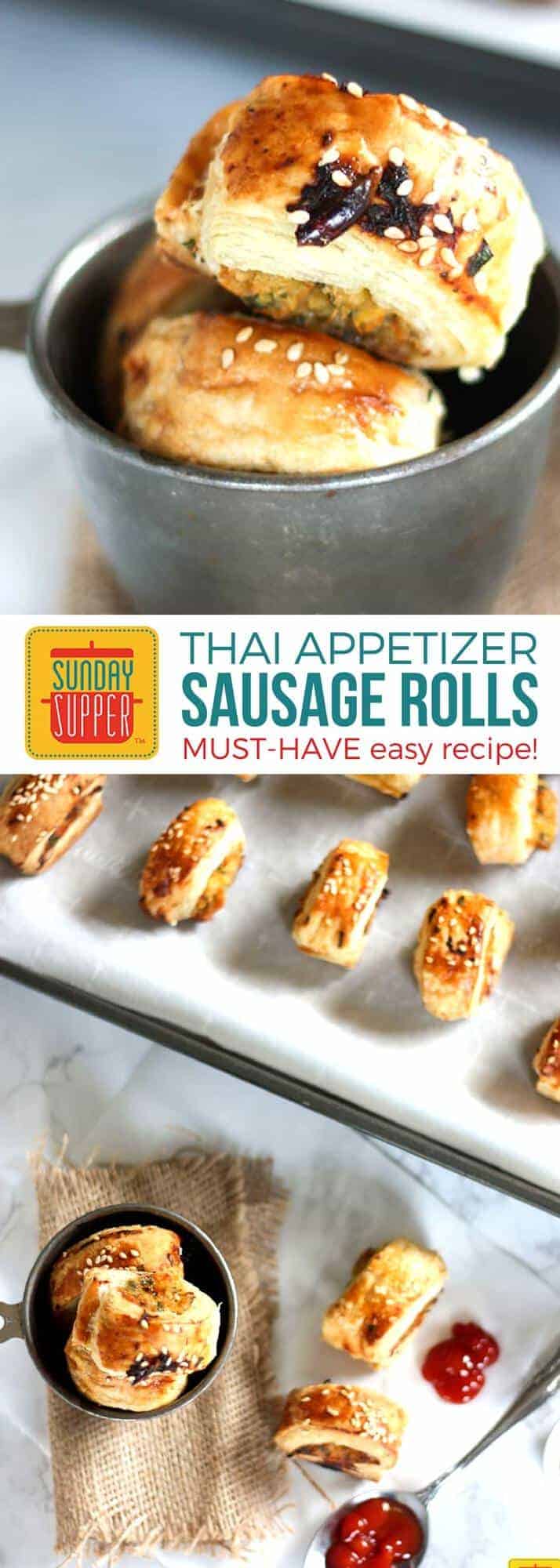 Thai Sausage Rolls are the PERFECT finger food for a party! Easy to make, delicious & fuss free makes this one of our favorite New Year's Eve Menu Ideas! Easy appetizer recipes like our Thai Sausage Rolls are perfect for game day too. They are easy football food for a crowd full of bite sized deliciousness! #SundaySupper #AppetizerRecipes #ThaiSausageRolls #EasyFootballFood