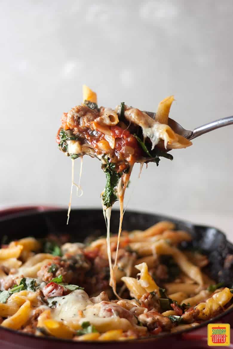 This Italian sausage, kale pasta bake is the perfect meal
for two. Fresh, light and simple, this pasta bake is delicious and great for a simple weeknight
meal.