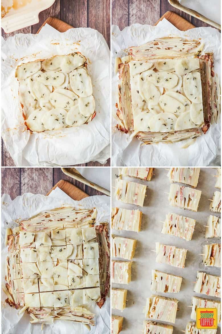 Step by Step photos to make Potato Pave with Bacon and Parmesan- showing layering the sliced potatoes with cheese and bacon and the final product on toothpicks before baking