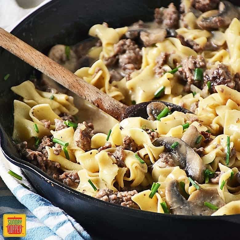 Beef stroganoff in a skillet