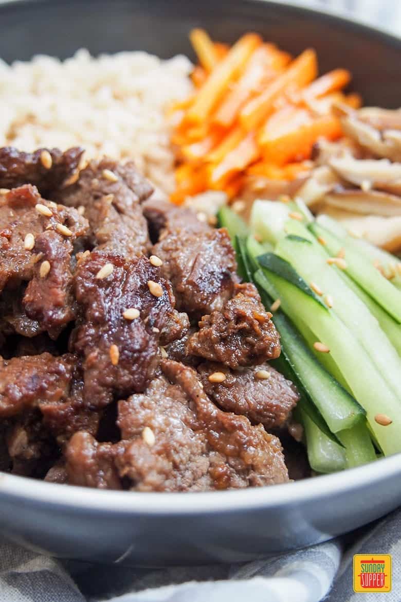 Close up of Beef bulgogi meal prep bowl ready to eat