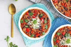 Ground beef chili recipe in a white bowl