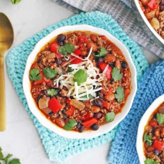 Ground beef chili recipe in a white bowl