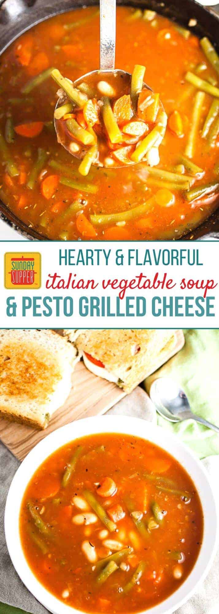 A hearty and flavorful meal that's great any time of the year! You will love how EASY our Pesto Grilled Cheese and Italian Vegetable Soup is to prepare, and the flavor combo of this grilled cheese and soup pairing will quickly become a family fave! The PERFECT lunch meal, weekday supper, or even a casual Sunday Supper. #SundaySupper #WeekdaySupper #GrilledCheese #VegetableSoup #EasyRecipe #lunchrecipe