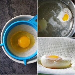 Collage of photos showing how to drain the egg through a sieve into a bowl, poaching the egg in water, and drying poached egg on paper towel