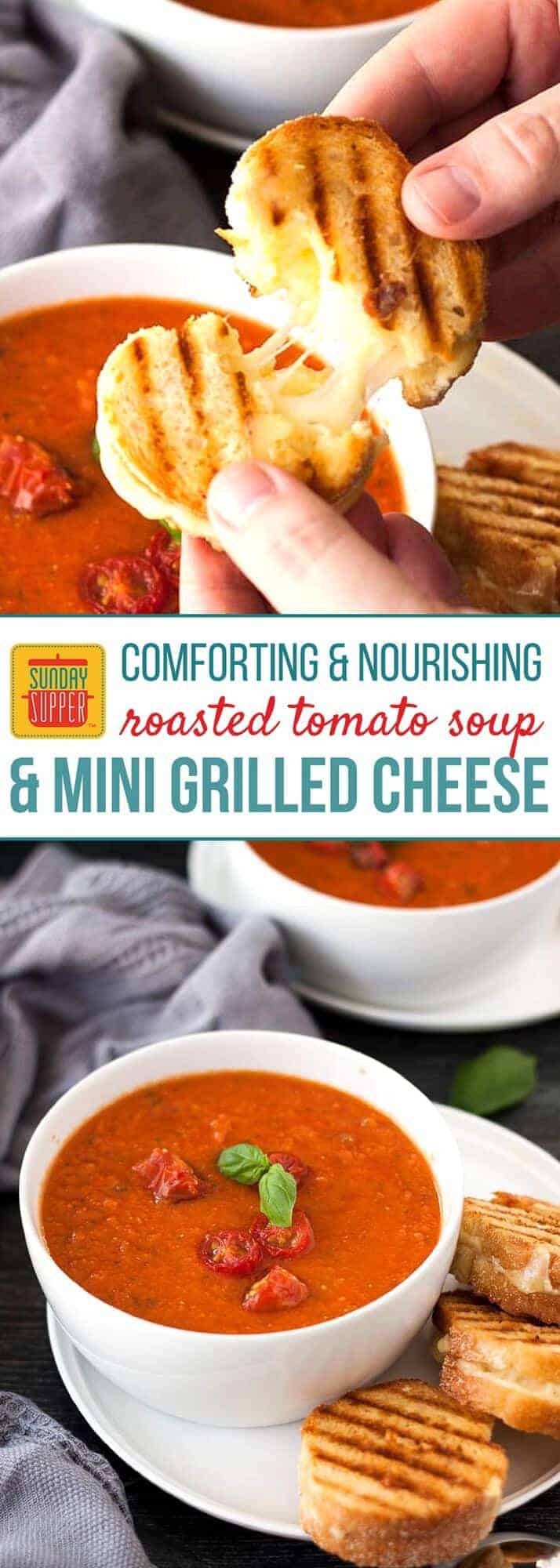 Grilled Cheese and Tomato Soup is classic COMFORT FOOD! Fresh ingredients maximize flavor and the mini grilled cheese sandwiches are the CUTEST ever! You can't go wrong with this classic combo! It makes the PERFECT lunch meal, weekday supper, or even a casual dinner with family when you gather for Sunday Supper. #SundaySupper #GrilledCheese #TomatoSoup #EasyRecipe #SoupandSandwich