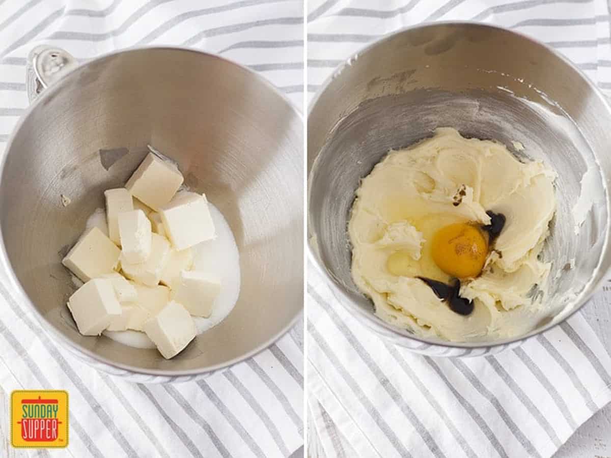 Two photos showing mixing the cream cheese mixture to make the ice cream base