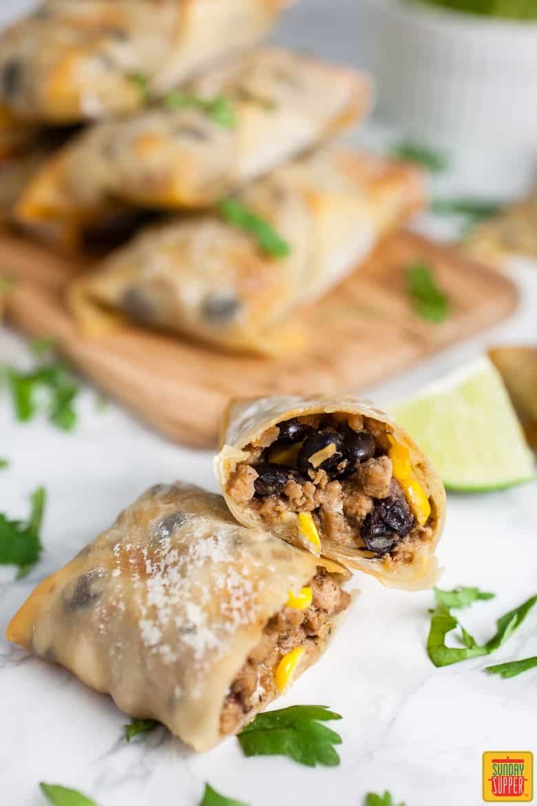 Baked Southwest Egg Rolls cut in half and ready to eat 