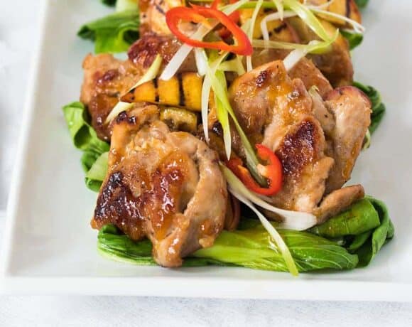 This Asian Peach Glazed Chicken is summer food at it’s best. Fresh peaches get transformed into a simple peach preserve, then added with some Asian flavours, become the tastiest peach glazed chicken you’ve ever had.
