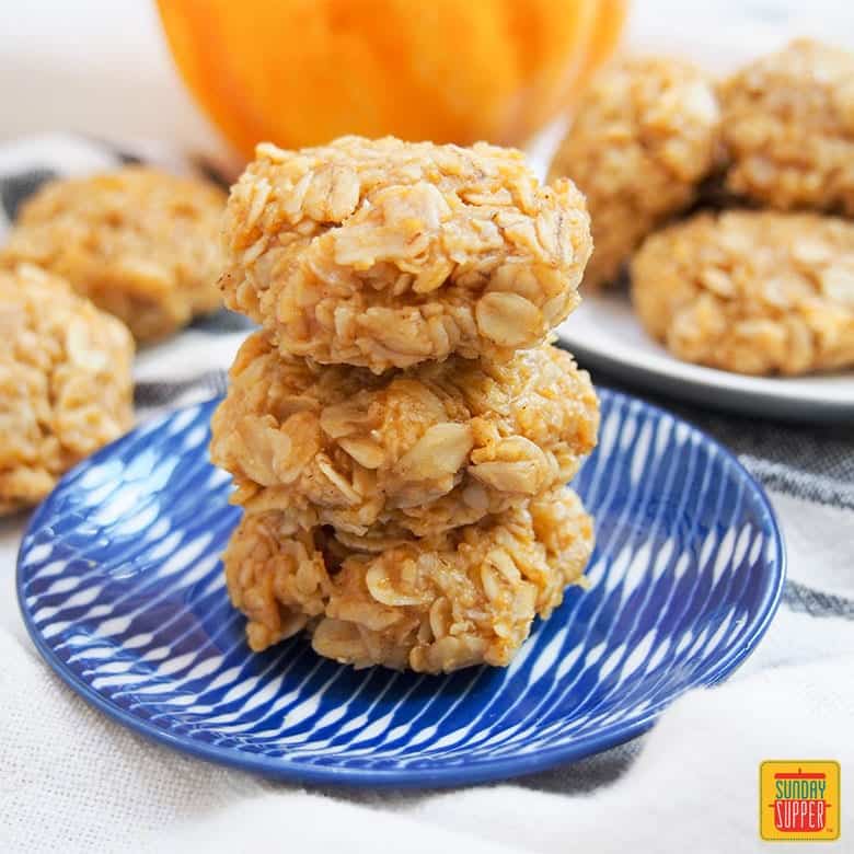 No bake pumpkin cookies on a blue and white plate