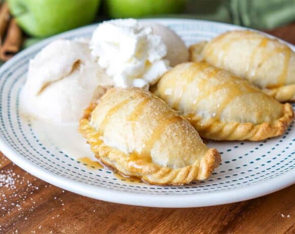 Caramel Apple Empanadas with Cinnamon Ice Cream and Whipped Cream