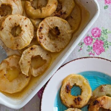 Sliced Baked Apples in a pan and on a plate
