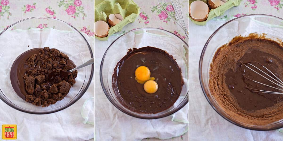 Steps to make gluten free fudge brownies - mixing the base and adding eggs