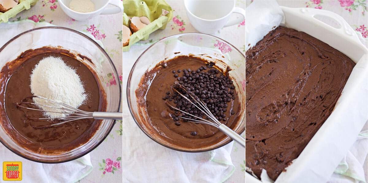The final steps to make gluten free fudge brownies - adding sugar, chocolate chips, and arranging in a baking dish