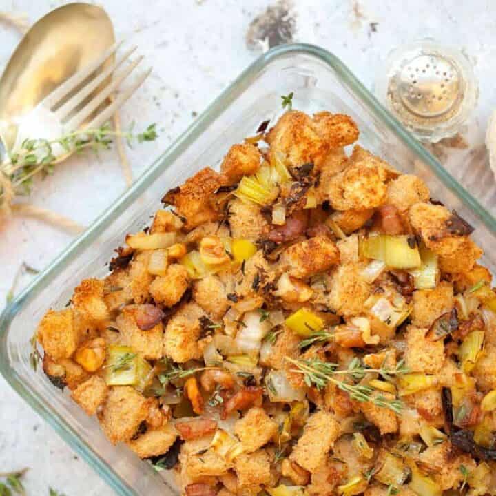 Gluten Free Stuffing in a casserole dish - best Thanksgiving side dishes