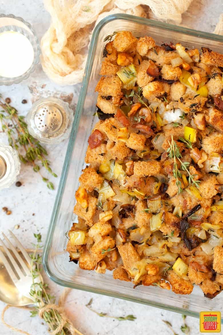 Stuffing in a glass serving dish after baking