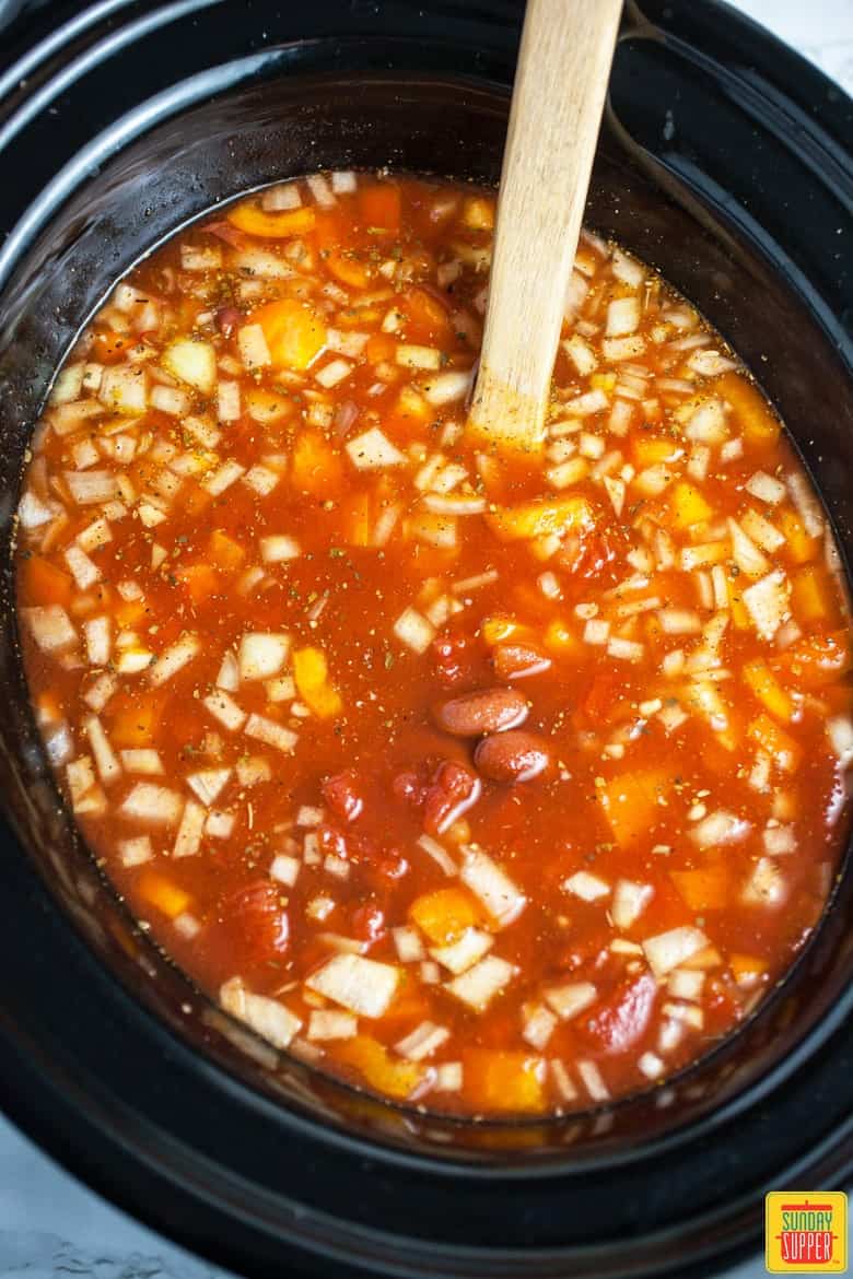  Vegetarian Chili cooking in the crockpot