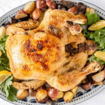 Slow Cooker Whole Chicken on serving tray surrounded by greens, roasted potatoes, and lemon wedges