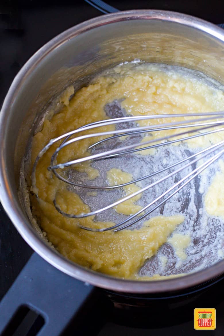 Roux in a saucepan. Roux is the base for Sauce and is made out of flour and butter