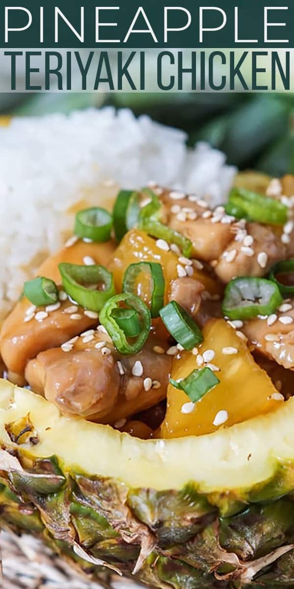 Tender chicken and pineapple chunks tossed in teriyaki sauce and served over rice make an incredible Pineapple Teriyaki Chicken recipe for lunch or dinner! Served in a pineapple boat with thinly sliced green onions and sesame seeds, this homemade teriyaki chicken is irresistibly delicious. #SundaySupper #teriyakichicken #teriyaki #chickendinner #pineapple #easyrecipe Save Pineapple Teriyaki Chicken on Pinterest