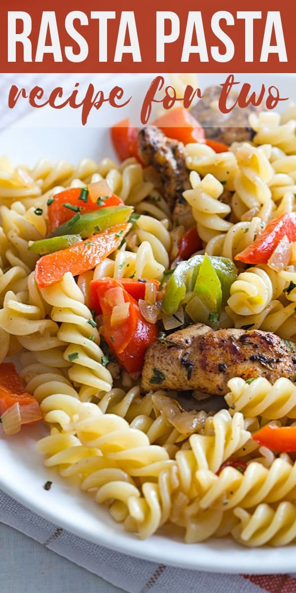 Take a trip to the islands with this colorful and easy RASTA PASTA recipe for two! It's FLAVORFUL, delicious, and perfectly sized for a meal for two. Jerk chicken made with a homemade seasoning blend, bell peppers, and fusilli pasta make this Rasta Pasta recipe IRRESISTIBLE. It's easy to make this recipe from scratch, including the jerk seasoning! #SundaySupper #pastarecipes #dinnerrecipes #easyrecipe #easydinner #chickenrecipes Save Rasta Pasta Recipe for Two on Pinterest