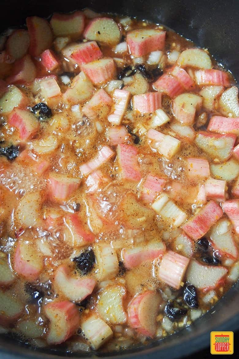 rhubarb chutney simmering in a pot