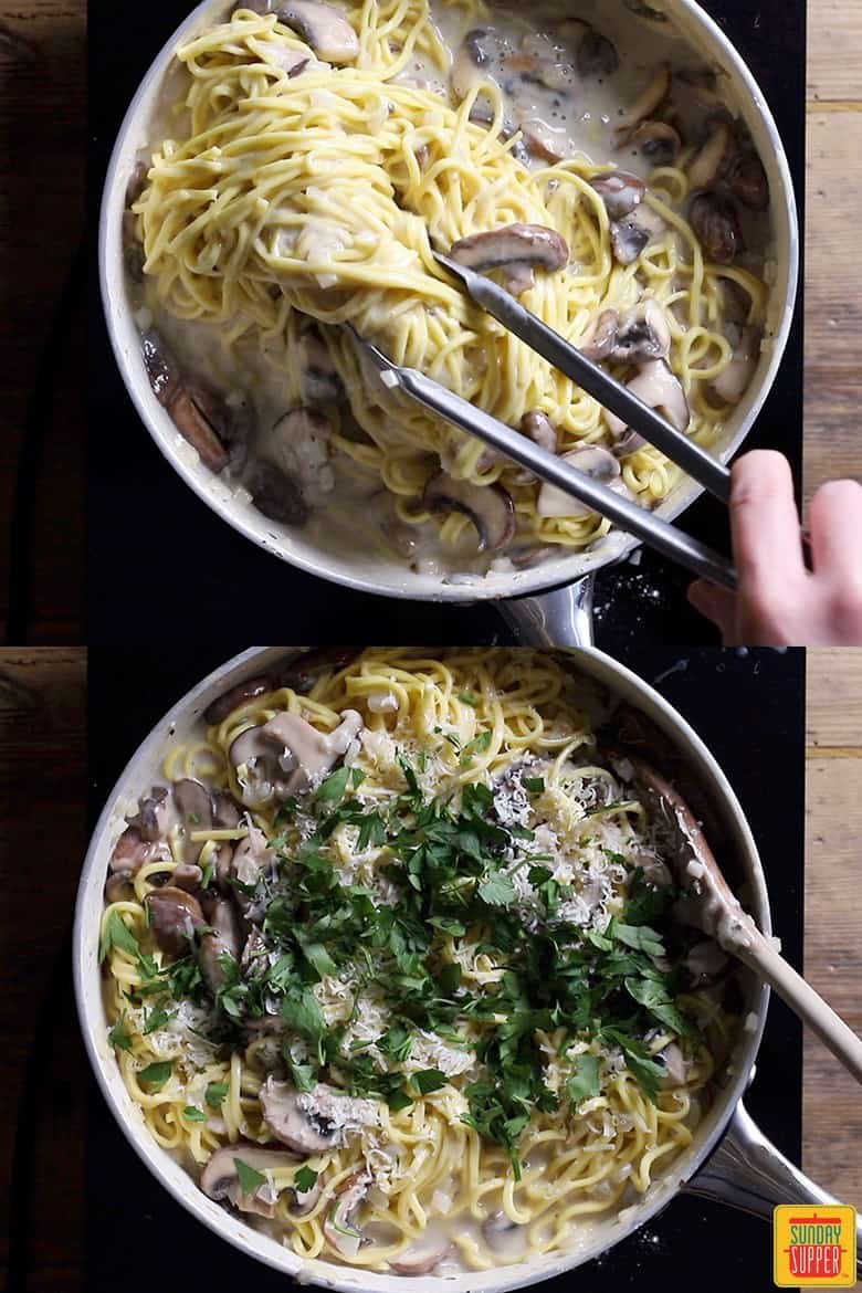 Top image: stirring in the noodles for creamy mushroom pasta; bottom image: completed pasta recipe in the pan