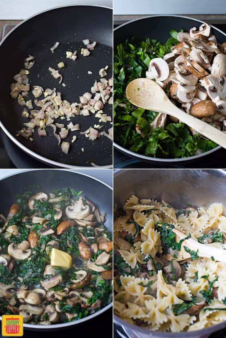 Step-by-step images of cooking the mushroom spinach pasta, exactly as instructed